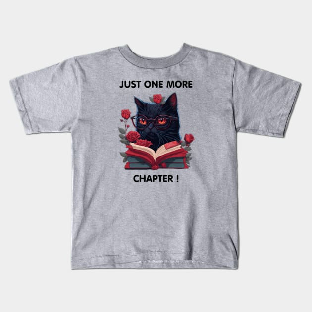 Funny Black Cat wearing glasses reading book with roses t-shirt design, apparel, mugs, cases, wall art, stickers, travel mug Kids T-Shirt by LyndaMacDesigns